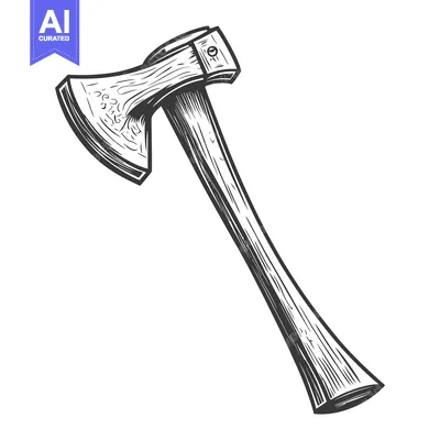 Aset premium populer: A black and white illustration of a wood handled axe