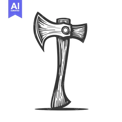 A black and white illustration of a wood handled axe