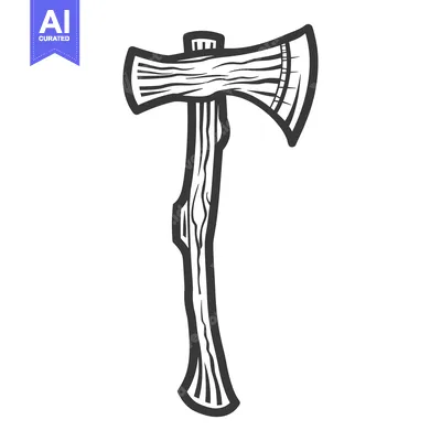Premium design asset: A black and white illustration of a wood handled axe