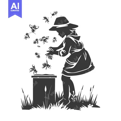 Aset desain premium: A Young Beekeeper Surrounded by Bees and a Hive