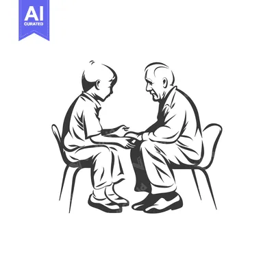 Aset premium populer: A Young Boy and Elderly Man Sitting in Chairs and Holding Hands