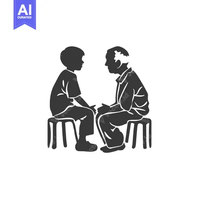 Aset premium populer: A young boy and older man sit facing each other on stools