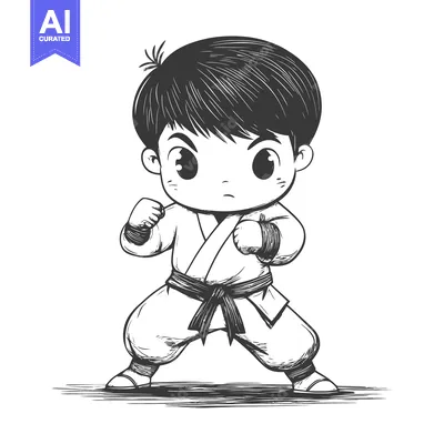 Popular premium asset: A Young Boy in a Karate Uniform Stands in a Fighting Stance