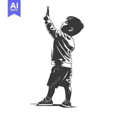 Aset desain premium: A young boy in silhouette pointing upwards with his hand