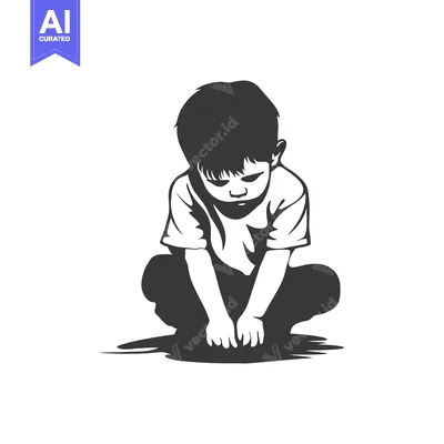 Aset desain premium: A young boy looking down with his hands together
