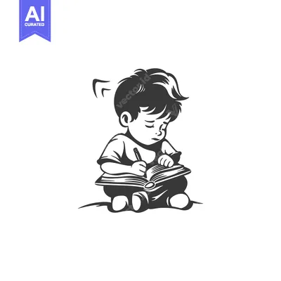 Premium design asset: A young boy sits and writes in an open book with a pencil.