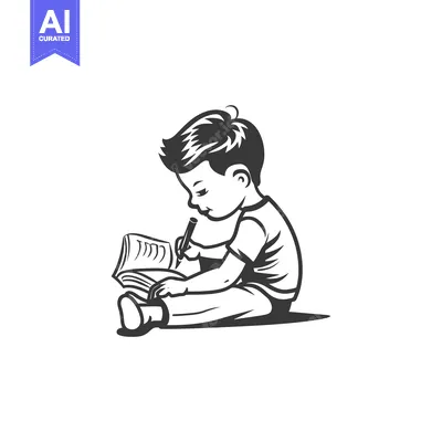 Aset desain premium: A young boy sits with a book and pencil writing