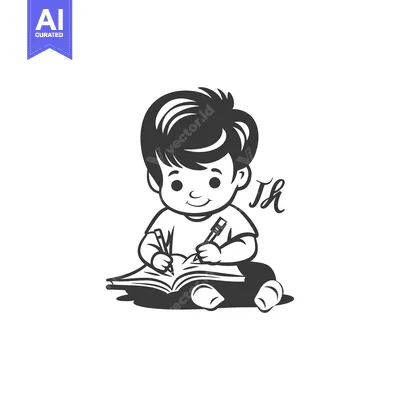 Premium design asset: A young boy sitting and drawing with two pencils in a book