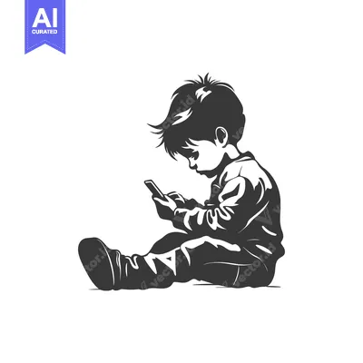 Aset premium populer: A Young Boy Sitting and Looking at His Smartphone