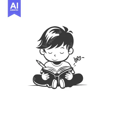 Aset desain premium: A Young Boy Sitting and Reading a Book