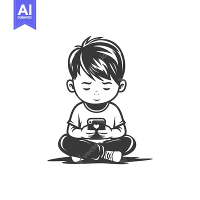 Aset premium populer: A Young Boy Sitting Cross-legged, Focused on his Smartphone