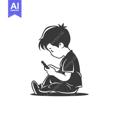 Aset premium populer: A Young Boy Sitting on the Floor and Using His Smartphone