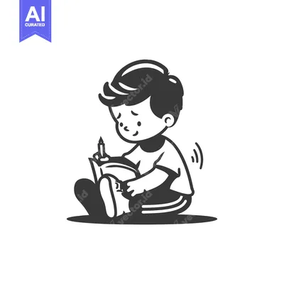 Aset desain premium: A Young Boy Sitting on the Floor Writing with a Pen