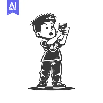 Aset desain premium: A Young Boy Taking a Photo with a Smartphone