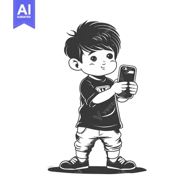 Popular premium asset: A Young Boy Using a Smartphone with a Curious Expression