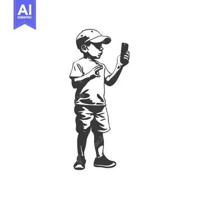 Aset desain premium: A young boy wearing a cap and shorts holds a smartphone.