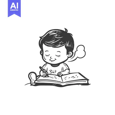 Aset desain premium: A Young Boy Writing in a Notebook with a Thought Bubble Above His Head