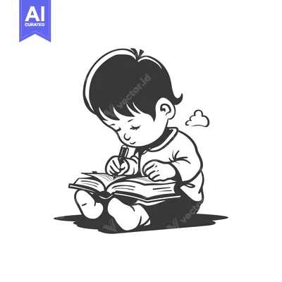 Aset desain premium: A Young Child Sitting and Writing in a Book