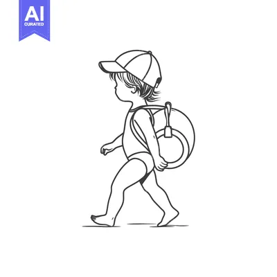 Aset desain premium: A young child wearing a swimsuit and a cap, walking with a beach ring