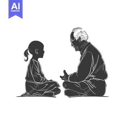 Aset premium populer: A young girl and an elderly man sitting in a conversation