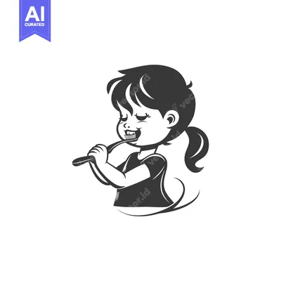 Aset desain premium: A Young Girl Brushing Her Teeth with a Toothbrush