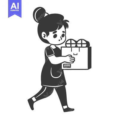 Premium design asset: A young girl carrying a large box with a concerned expression