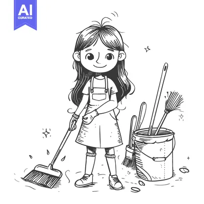 Aset desain premium: A young girl cleaning with a broom and a bucket of cleaning supplies.