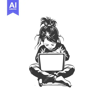Aset desain premium: A Young Girl Focused on a Laptop