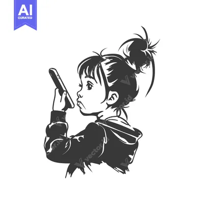Aset premium populer: A Young Girl Gazing Intently at a Smartphone