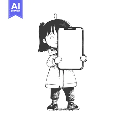 Popular premium asset: A young girl in a coat holding a smartphone with a blank screen.