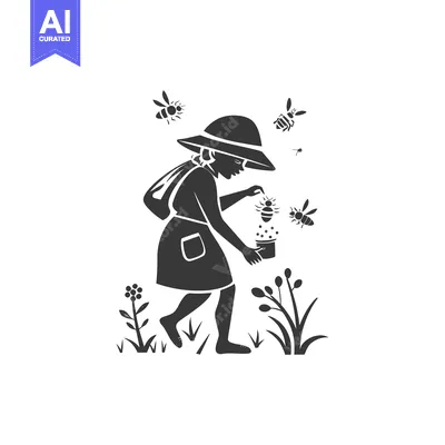 Aset premium populer: A young girl in a hat collects honey from a beehive