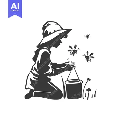 Popular premium asset: A Young Girl in a Hat Kneeling with a Bucket and Bees Around Her