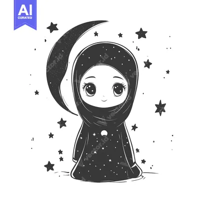 Aset premium populer: A young girl in a hijab, adorned with stars and a crescent moon, stand