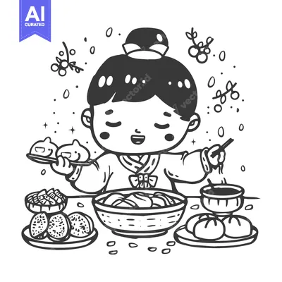 Premium design asset: A young girl in traditional clothing preparing a meal of dumplings and
