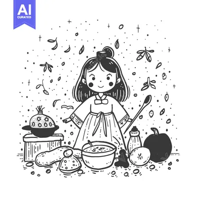 Aset desain premium: A Young Girl in Traditional Clothing Preparing Food Surrounded by Ingr
