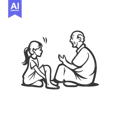 A young girl listening attentively to an older man, both sitting on th
