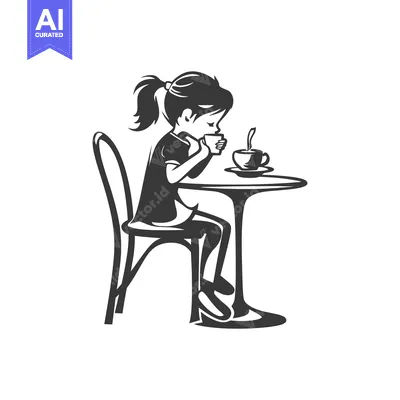 Aset premium populer: A young girl sitting at a table, enjoying a cup of tea.
