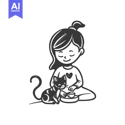 Popular premium asset: A young girl sitting cross-legged and feeding her cat from a bowl