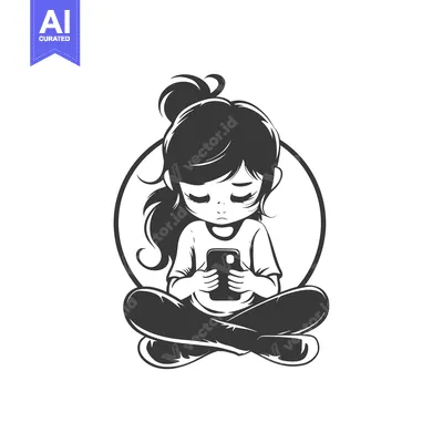 Aset premium populer: A Young Girl Sitting Cross-legged While Using a Smartphone