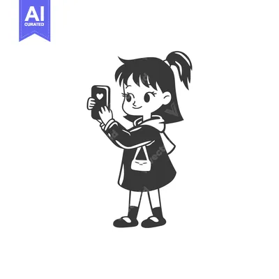 Aset desain premium: A young girl smiling while taking a selfie on her smartphone