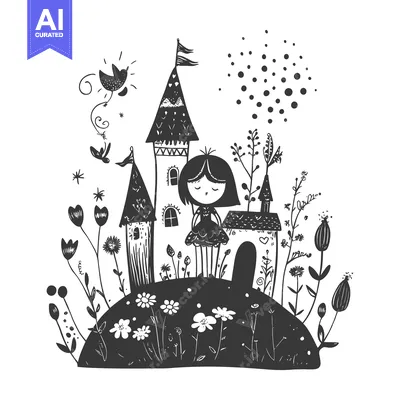 Aset desain premium: A Young Girl Standing Before a Black and White Cartoon Castle