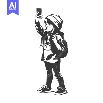 Aset premium populer: A young girl takes a selfie with her smartphone.