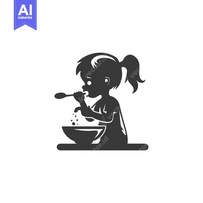 Popular premium asset: A young girl with a ponytail eating from a bowl with a spoon