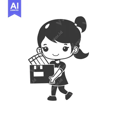 Premium design asset: A young girl with a ponytail is carrying a box with items inside.