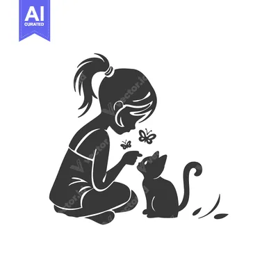 Aset premium populer: A young girl with a ponytail is looking at a cat with butterflies near