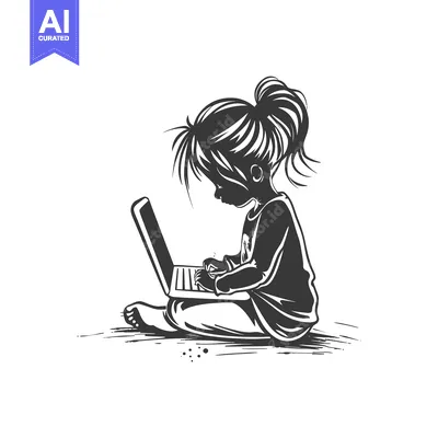 A young girl with a ponytail is sitting on the floor and using a lapto