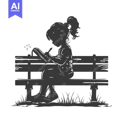 Aset premium populer: A young girl with a ponytail sits on a bench writing in a notebook