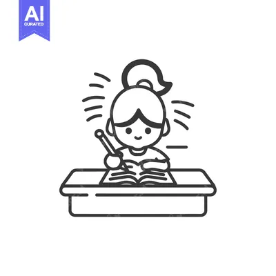 Aset desain premium: A young girl with a ponytail studying at a desk with a book and pencil