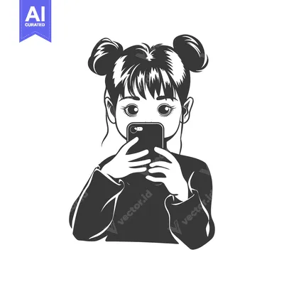 Aset premium populer: A Young Girl With Pigtails Using a Smartphone