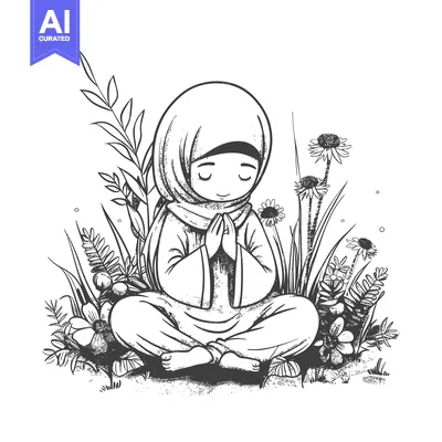 Aset premium populer: A Young Woman in a Hijab Meditating in a Field of Flowers